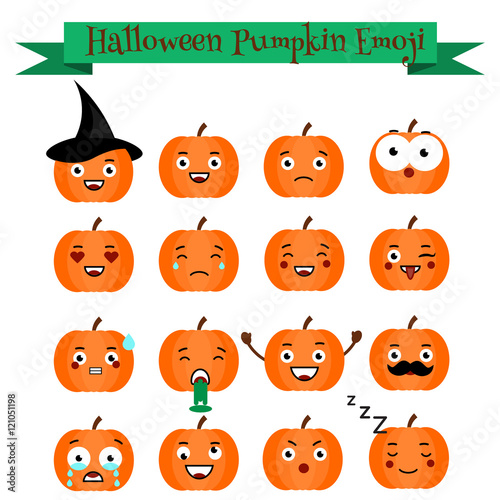 Cute halloween pumpkin emoji set. Emoticons, stickers, design elemets