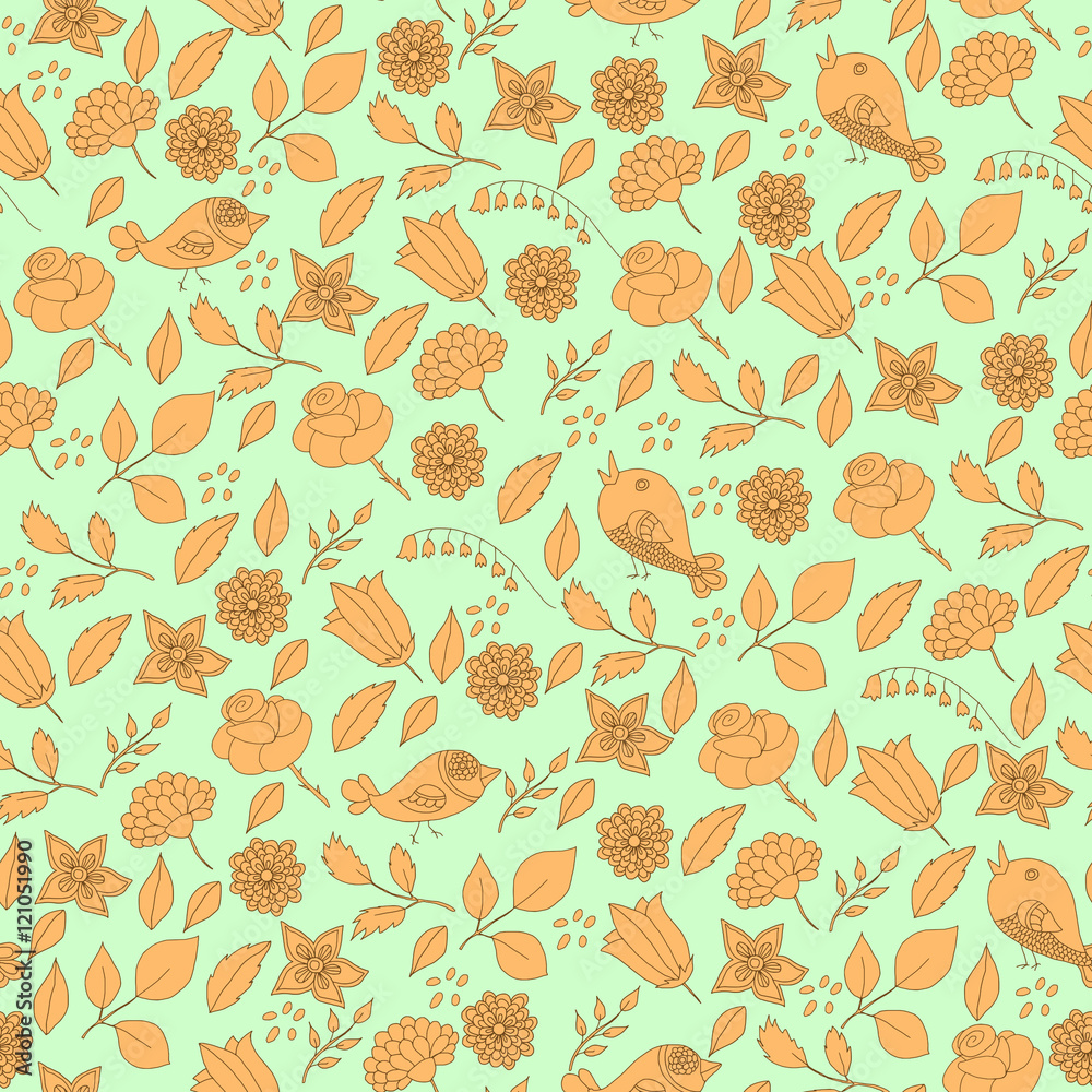 flower bird leaves hand draw seamless pattern flower bird leaves hand draw seamless pattern