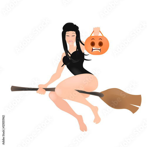half-naked witch flying on the broom,