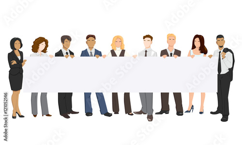 Vector illustration of people holding a banner in his hands.