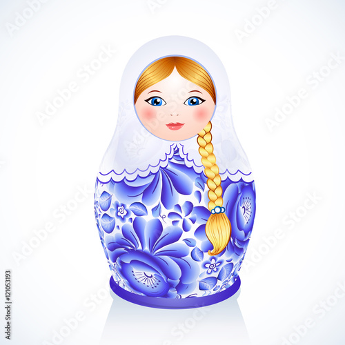 Blue Russian traditional vector doll painted in Gzhel style