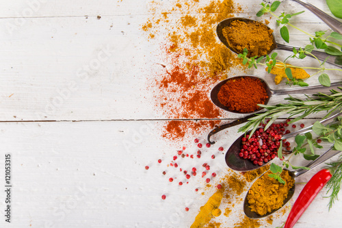Fototapeta Naklejka Na Ścianę i Meble -  Various colorful spices on wooden table