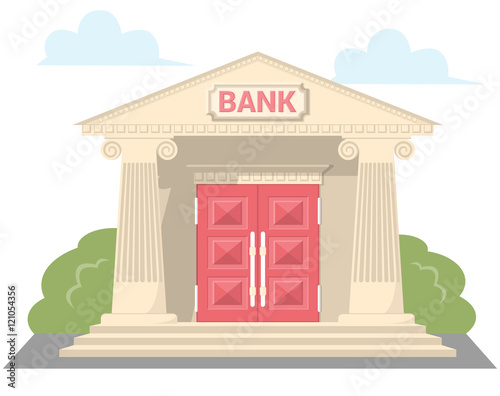 Facade building bank with a signboard and antique columns. Abstract image in a flat design. Front shop for concept brochure or banner. Vector illustration isolated on white background