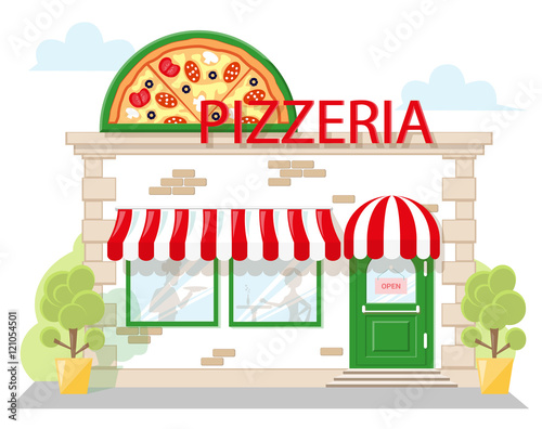 Facade pizzeria with a signboard, awning and silhouettes people in shopwindow. Image in a flat design. Front shop for Concept brochure or banner. Vector illustration isolated on blue background