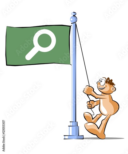 Cartoon raising a flag with magnifying glass symbol