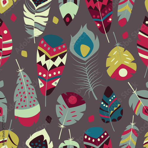 Seamless pattern with boho vintage tribal ethnic colorful vibrant feathers  vector illustration