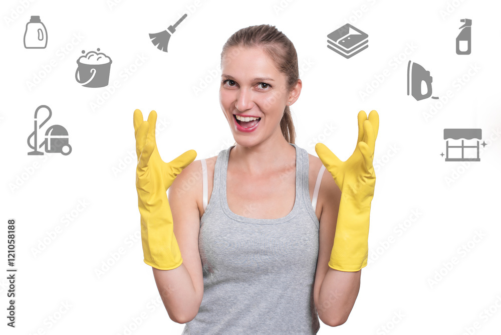 Woman ready for cleaning with rubber gloves and smiling Woman ready for cleaning with rubber gloves and smiling