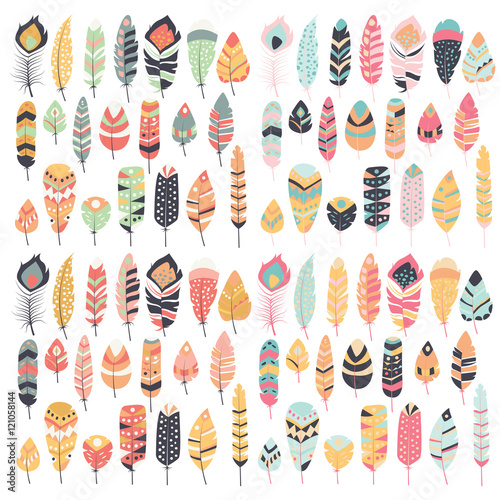 Collection of boho vintage tribal ethnic hand drawn colorful fea