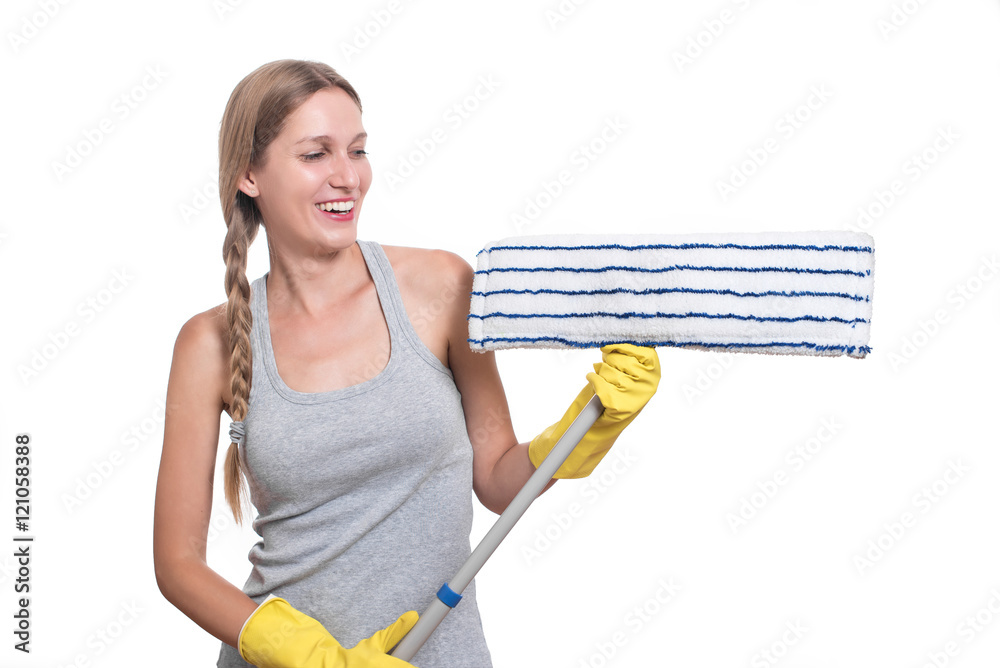 Cleaning concept. Woman with floor mop and yellow rubber gloves Cleaning concept. Woman with floor mop and yellow rubber gloves