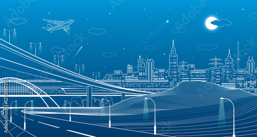 Car overpass, city infrastructure, urban plot, plane takes off, train move, transport illustration, mountains, white lines on blue background, vector design art