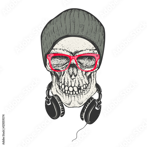 Hipster skull in hat and sunglases. Skull with headphones. Desig
