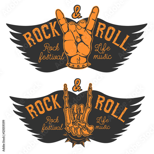 Set of the human hands with Rock and roll sign and wings. Rock a