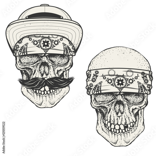 Set of the human skulls in bandana and cap. Gangster skull.  Des