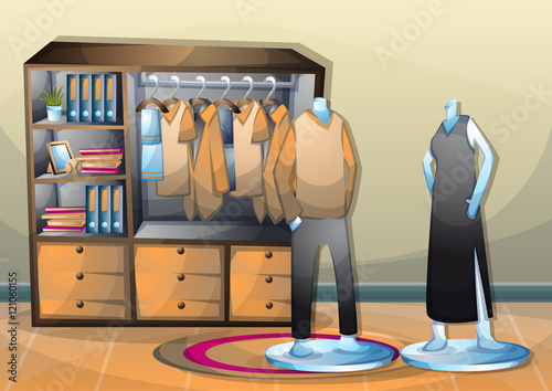 cartoon vector illustration interior clothing room with separated layers in 2d graphic