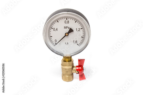 Manometer connected to the ball valve. isolated on white background