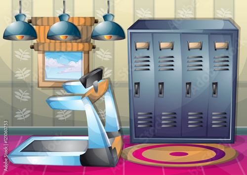 cartoon vector illustration interior fitness room with separated layers in 2d graphic