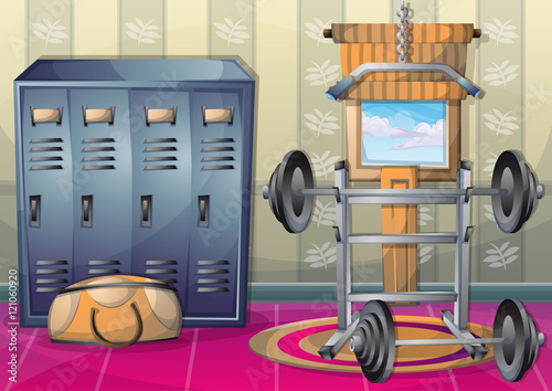 cartoon vector illustration interior fitness room with separated layers in 2d graphic