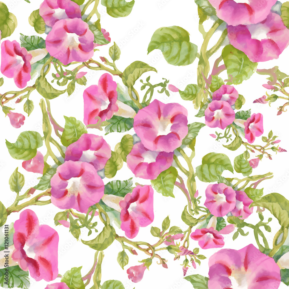 Beautiful Watercolor Summer Garden Blooming Flowers Seamless Pattern