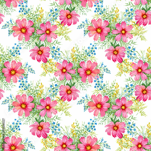 Beautiful Watercolor Summer Garden Blooming Flowers Seamless Pattern