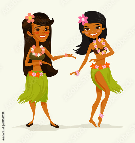Hawaiian dancer girls friends characters. Vector flat cartoon illustration