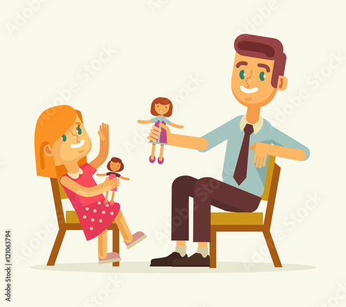 Father and daughter play dolls. Vector flat cartoon illustration