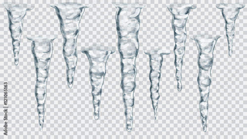 Set of translucent icicles on transparent background. Transparency only in vector file - obrazy, fototapety, plakaty 