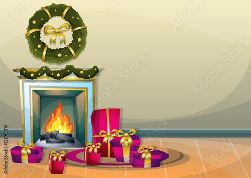 cartoon vector illustration interior Christmas room with separated layers in 2d graphic