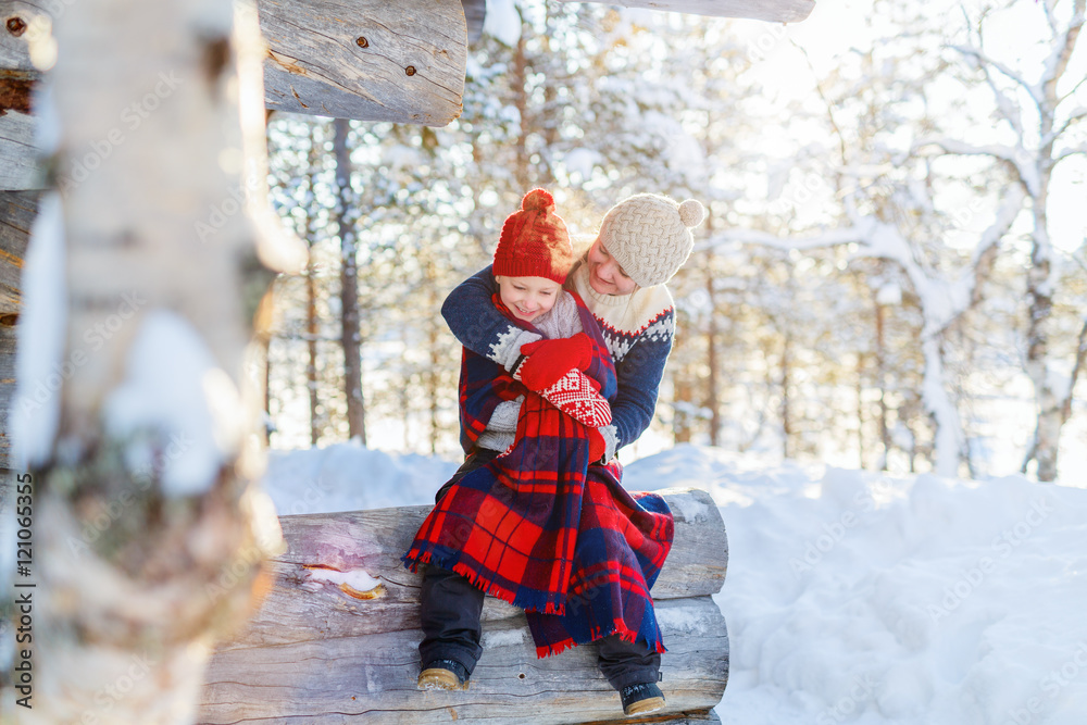Mother and daughter outdoors on winter