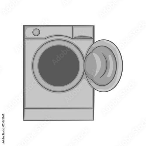 Washing machine with open hatch icon in black monochrome style isolated on white background. Wash symbol vector illustration