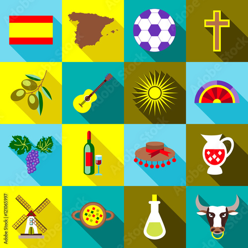 Spain icons set in flat style. Spain travel tourist attractions set collection vector illustration