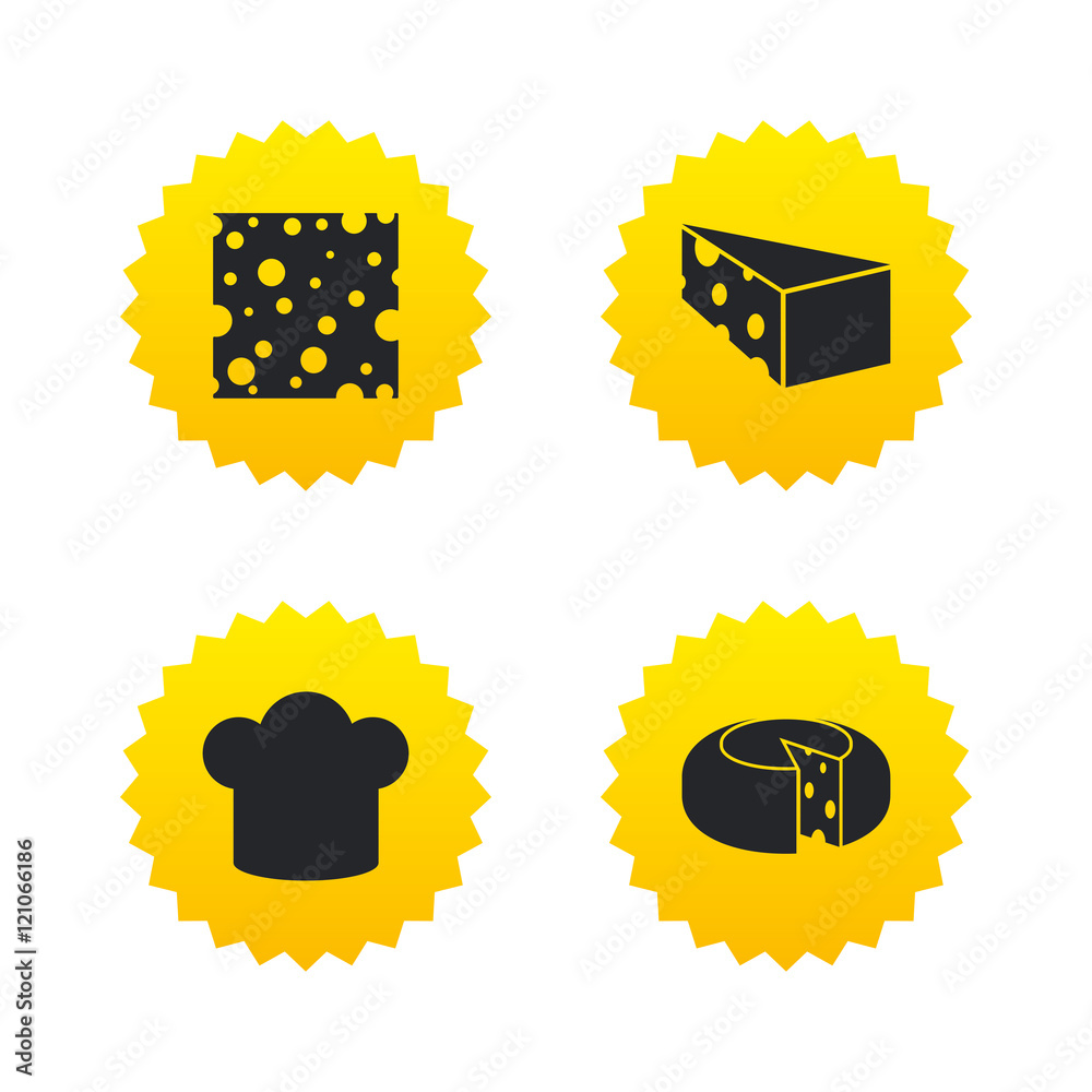 Cheese sign. Sliced food with chief hat icons. Cheese sign. Sliced food with chief hat icons.