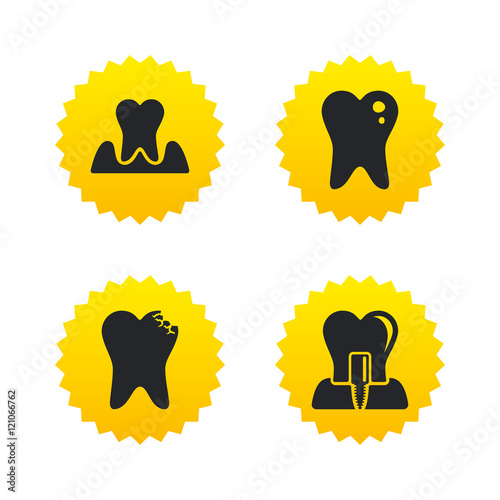 Dental care icons. Caries tooth and implant.