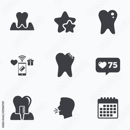 Dental care icons. Caries tooth and implant.