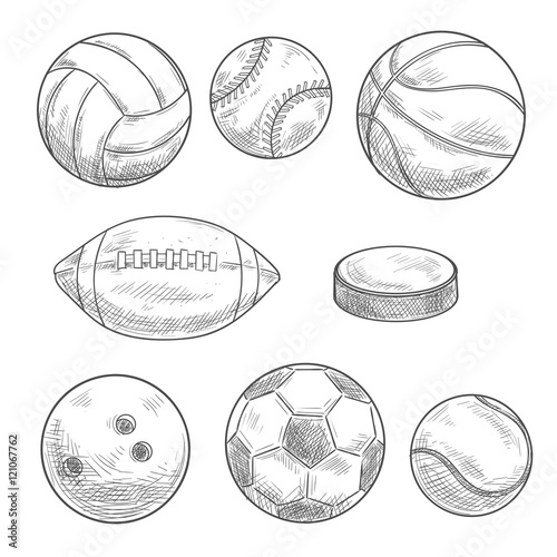 Sporting balls and hockey puck isolated sketches