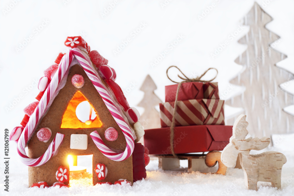 Gingerbread House With Sled, Moose And Tree Gingerbread House With Sled, Moose And Tree