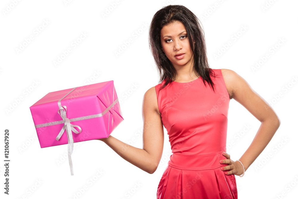 Pretty mixed race woman with box gift. Christmas Pretty mixed race woman with box gift. Christmas