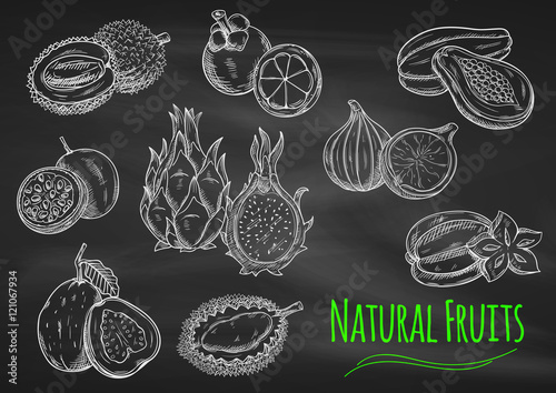 Exotic fruits chalk sketches on blackboard
