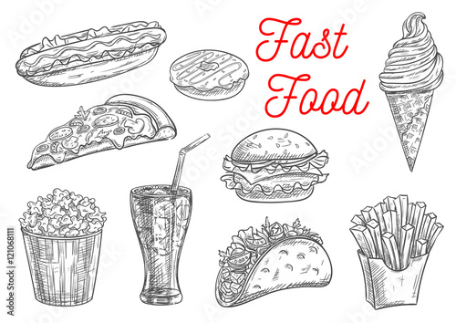 Fast food snacks and drinks icons sketch
