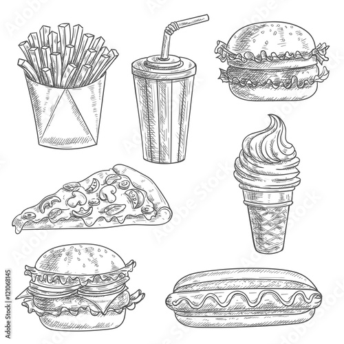 Fast food snacks and drinks sketch icons