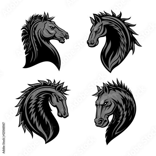 Raging stallion head heraldic icons set