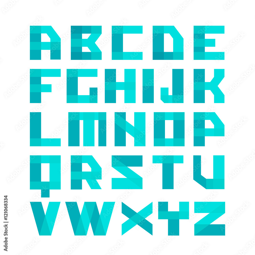 Geometric shapes blue font alphabet. Overlay transparent style letters. Easy color tint ability. Isolated on white background Geometric shapes blue font alphabet. Overlay transparent style letters. Easy color tint ability. Isolated on white background