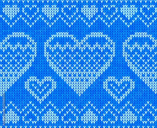 Blue knitted hearts vector seamless pattern