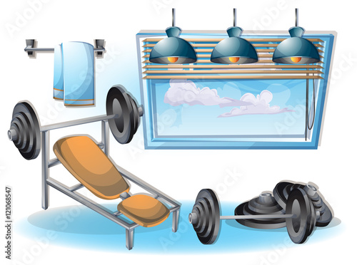 cartoon vector illustration interior fitness room with separated layers in 2d graphic