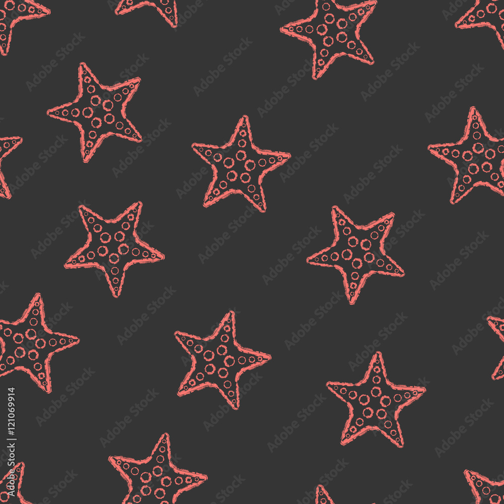 Seamless pattern hand drawn brush line chalk color starfish on black background Seamless pattern hand drawn brush line chalk color starfish on black background
