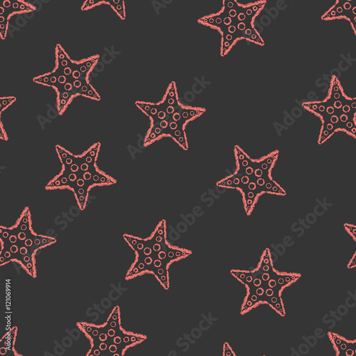 Seamless pattern hand drawn brush line chalk color starfish on black background