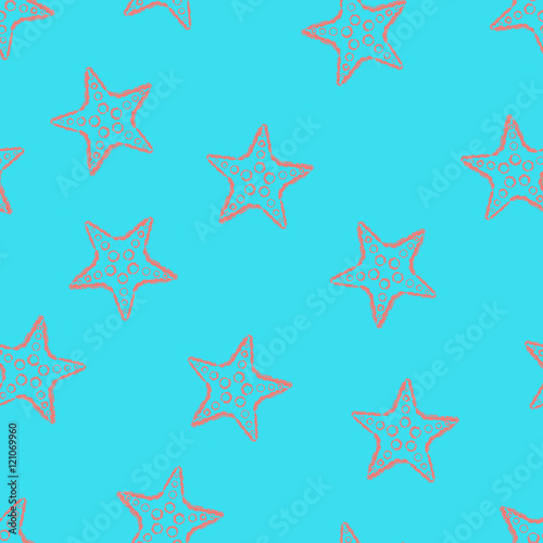 Seamless pattern hand drawn brush line chalk color starfish on blue background