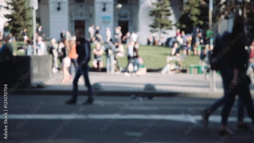 Anonymous people crowd street crosswalk. City life. Child on self balancing electric scooter, bicycles and walking people. Anonymous people crowd street crosswalk. City life. Child on self balancing electric scooter, bicycles and walking people.