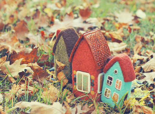 toy houses and autumn leaves

