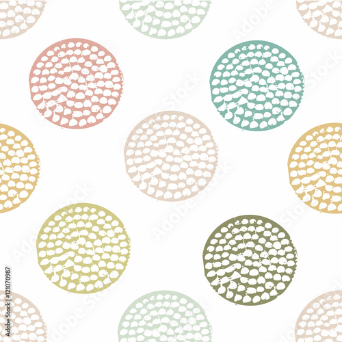 Blue, green, yellow geometric seamless pattern with grunge polka dot on white background. Textured circles. Geometrical background for wrapping paper, website, wallpaper, ets. Vector illustration. © _aine_