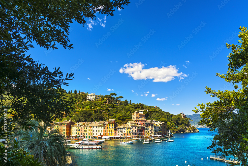 Portofino luxury village landmark, aerial view and trees. Liguri
